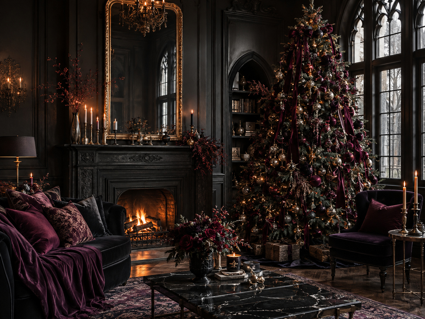 Salon de Noël gothique chic avec sapin sombre, velours bordeaux, cheminée et accents en laiton patiné.