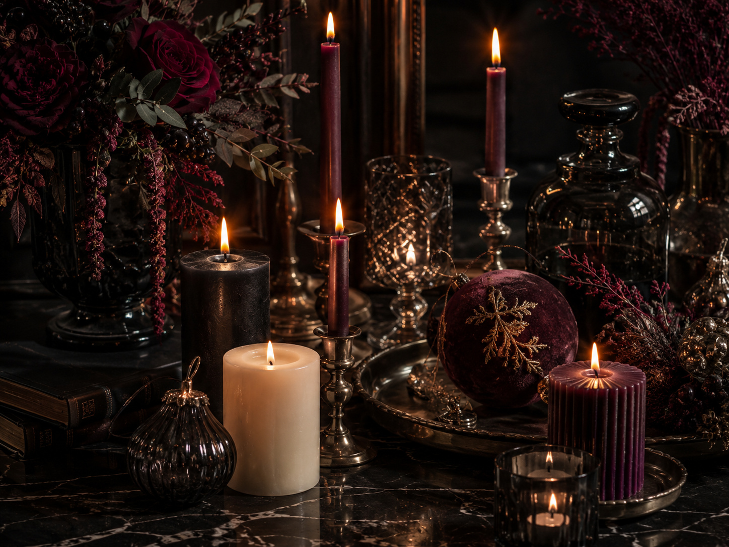 Nature morte de Noël gothique chic avec verre fumé, bougies noires et bordeaux, métal patiné et fleurs sombres.