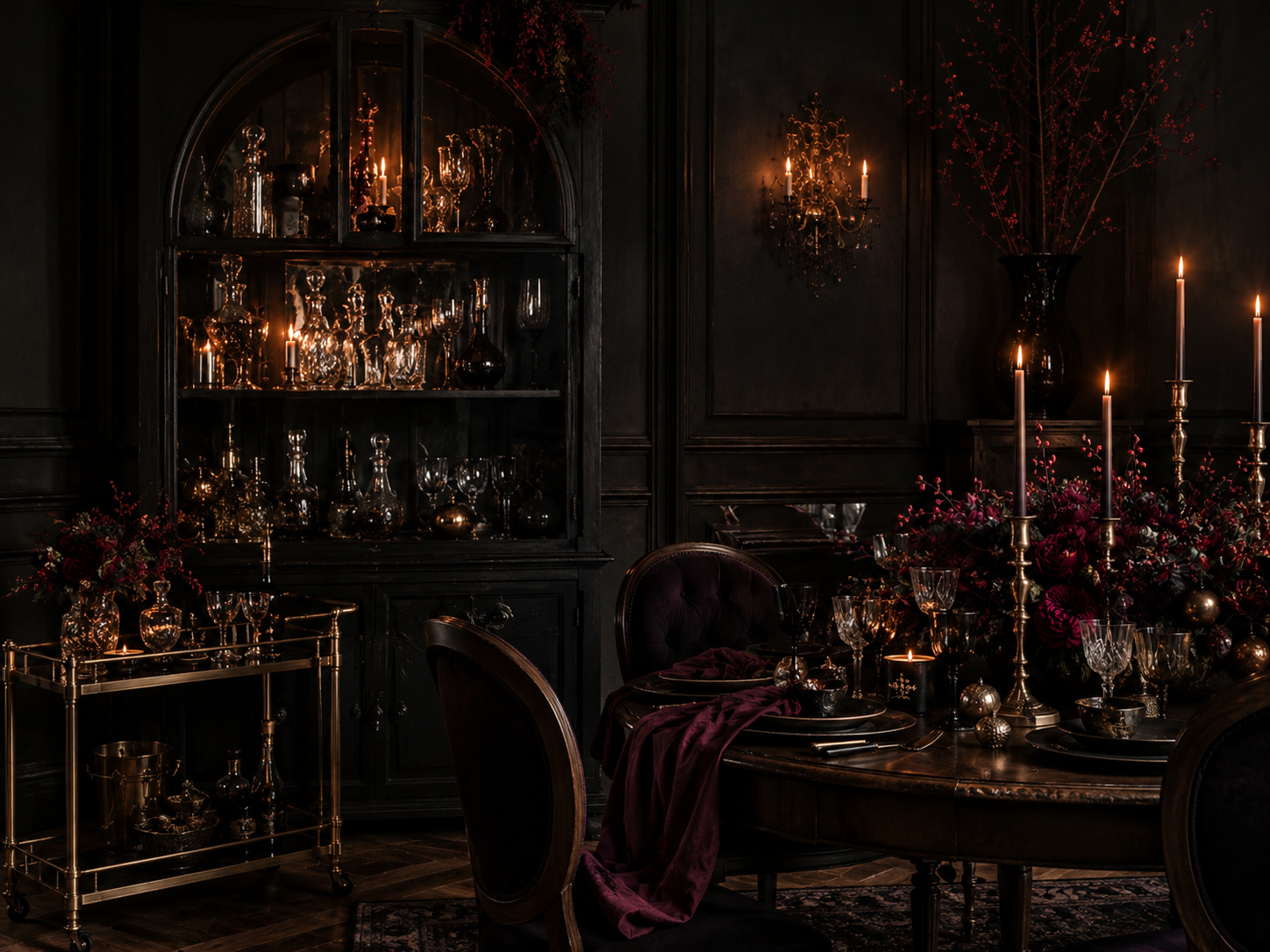Salle à manger gothique chic avec buffet vitré, verrerie fumée, bougies et composition florale bordeaux.