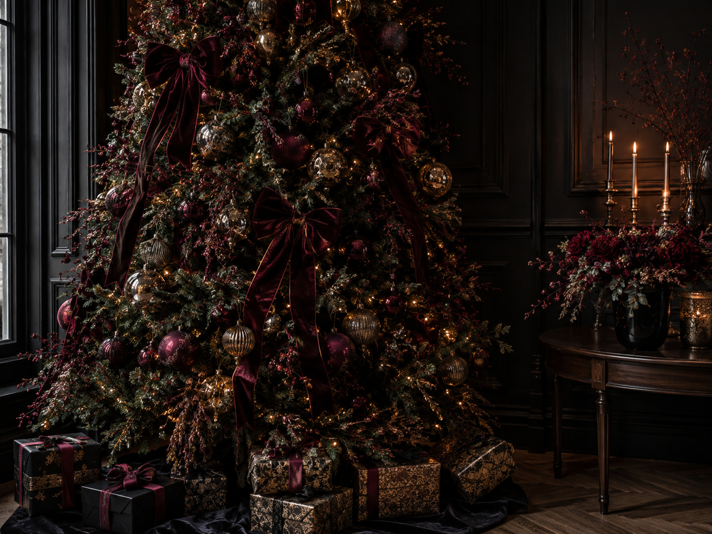 Sapin de Noël gothique chic décoré de nœuds en velours bordeaux, verre fumé et ornements métalliques patinés.