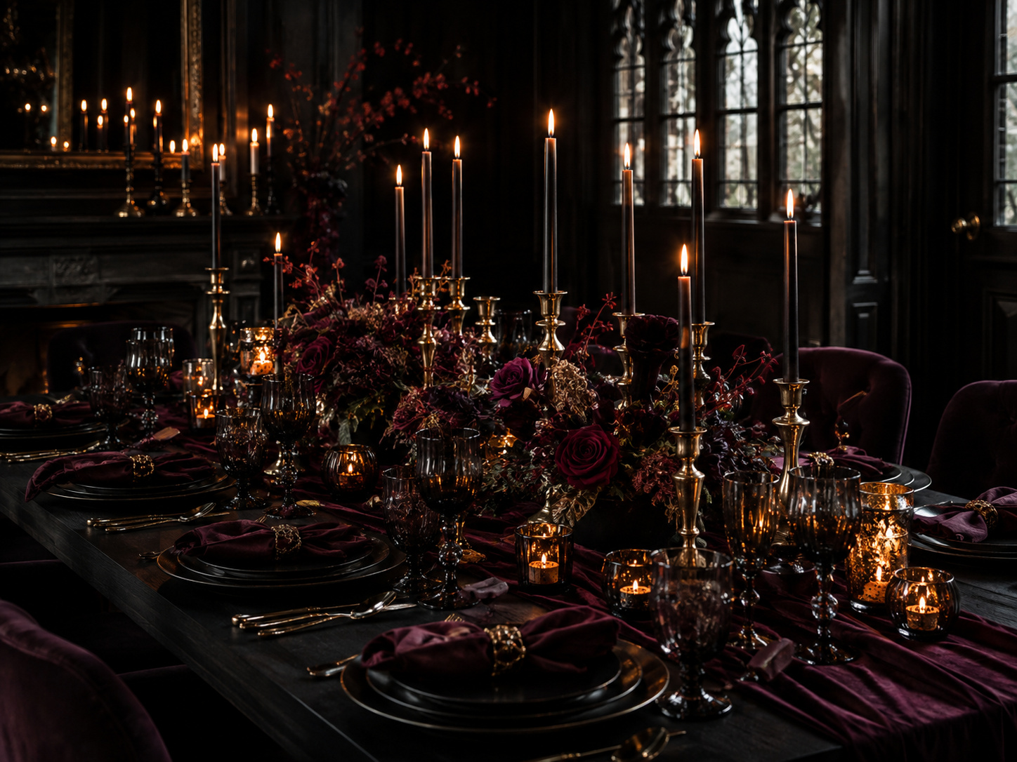 Table de Noël gothique chic avec vaisselle sombre, bougies noires, velours bordeaux et bougeoirs en laiton.