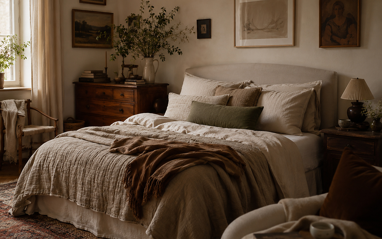 Chambre de Noël hygge avec linge crème, plaid épais et bois naturel.