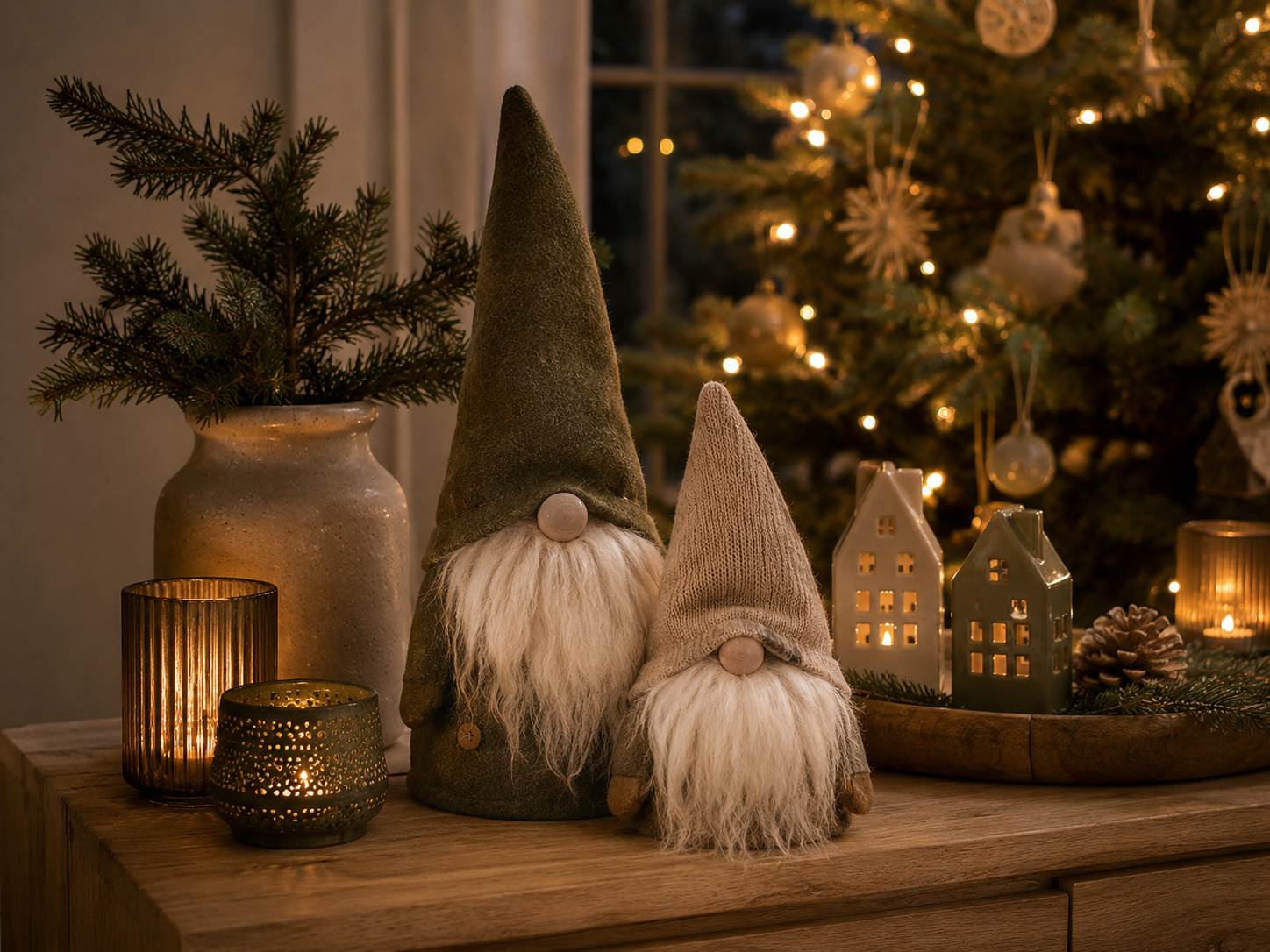 Gnome Tomte en feutre naturel posé près de bougies et d’un décor de Noël en bois.