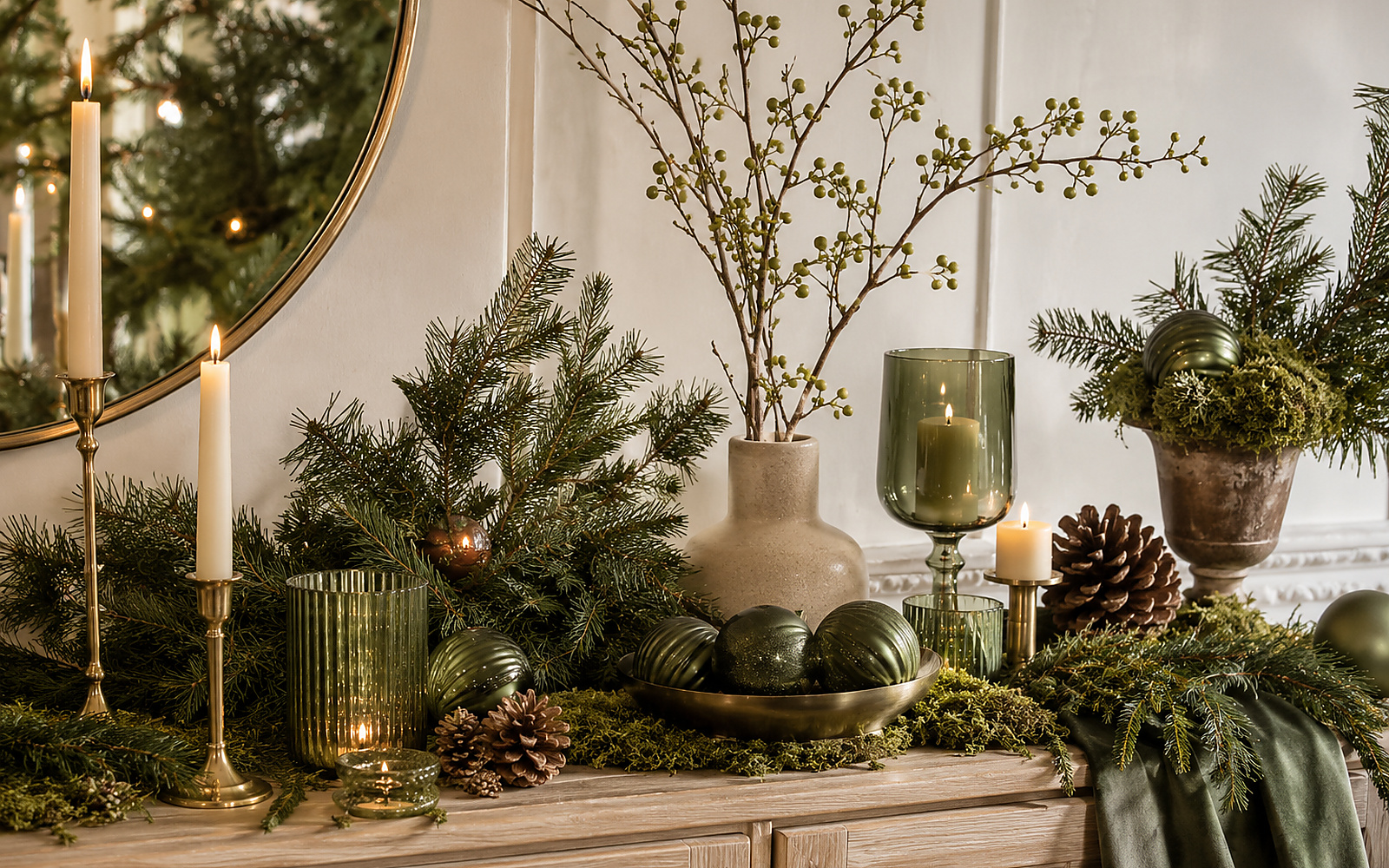 Composition de Noël naturelle avec bois, bougies, pommes de pin et ornements sobres.