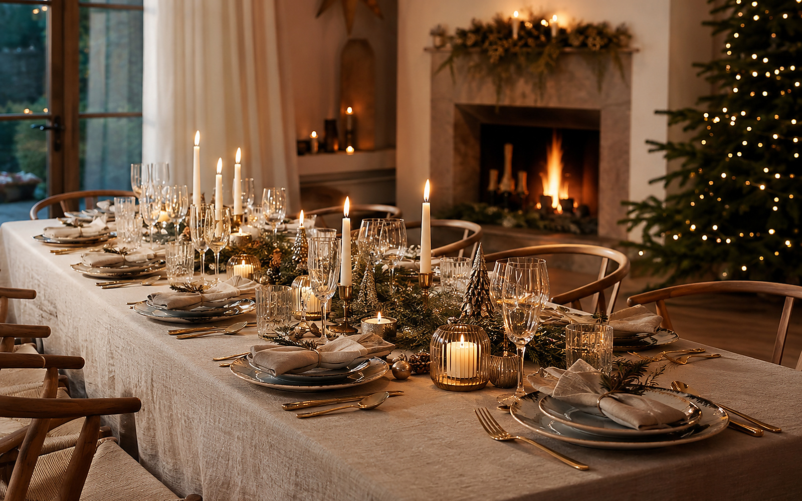Table de Noël hygge avec lin naturel, céramique, bougies et bois dans une ambiance chaleureuse.
