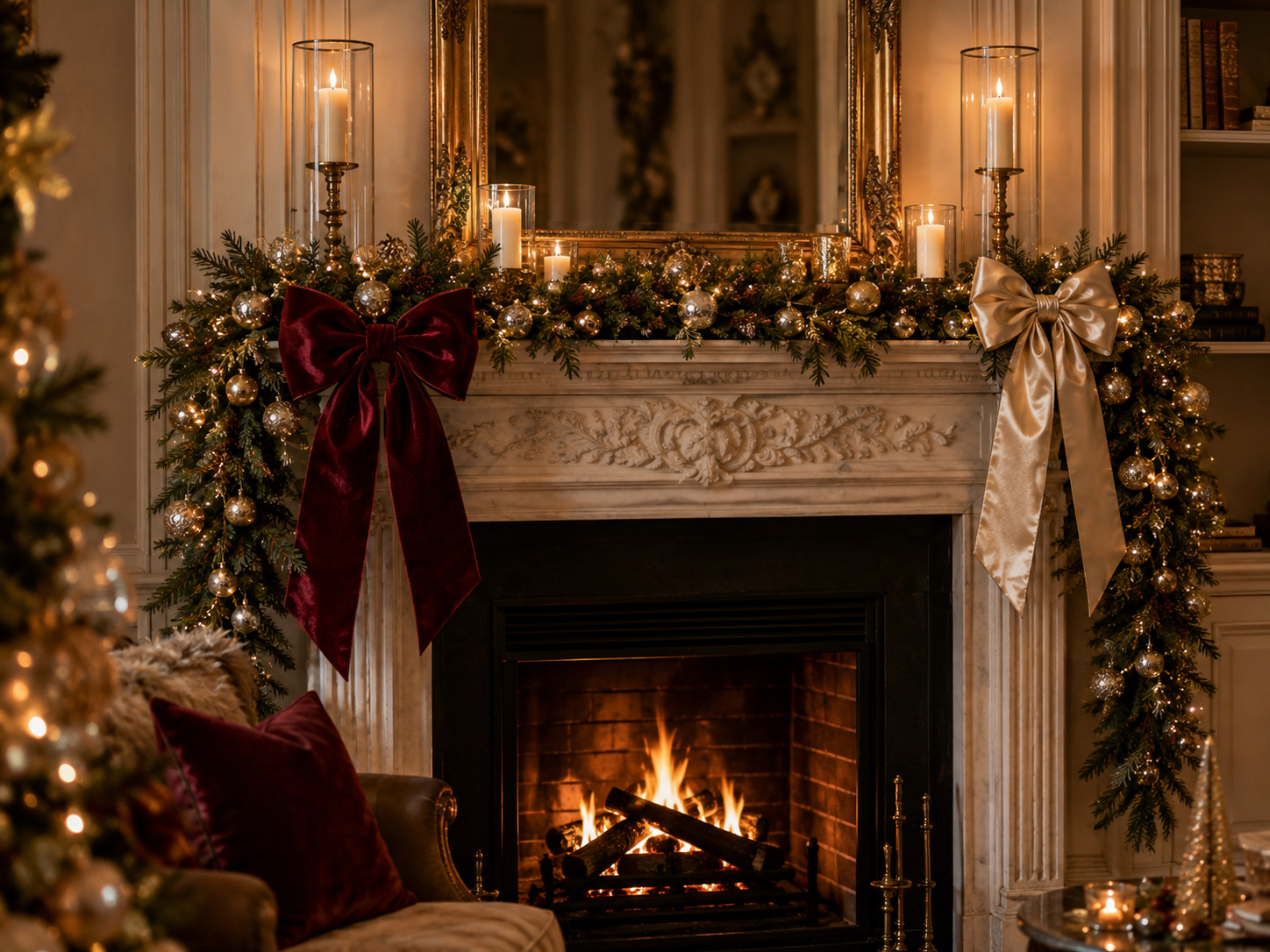 Cheminée de Noël décorée d’une guirlande végétale et de grands nœuds XXL bordeaux et ivoire.
