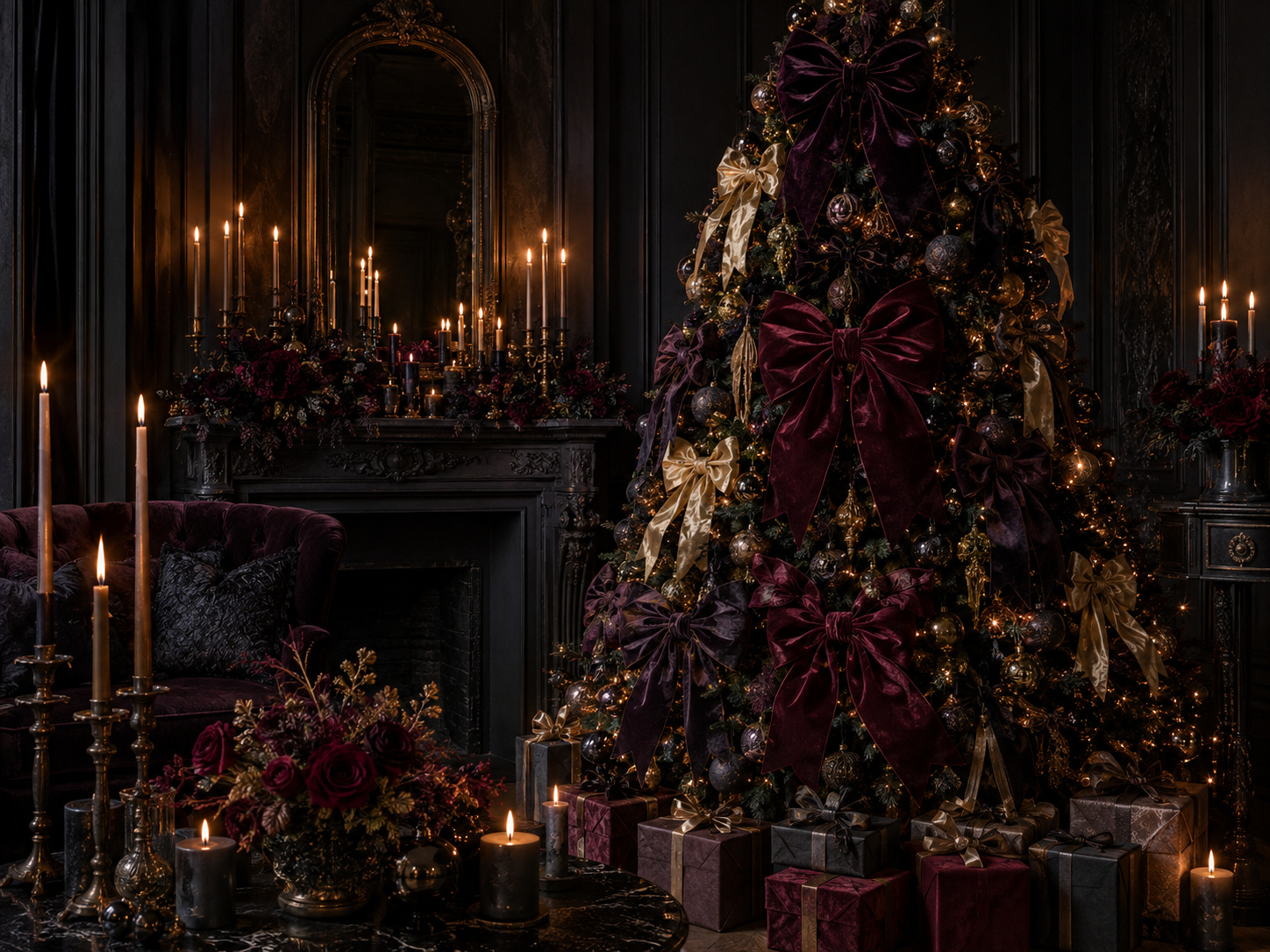 Salon de Noël gothique chic avec sapin sombre et grands nœuds XXL bordeaux et prune.