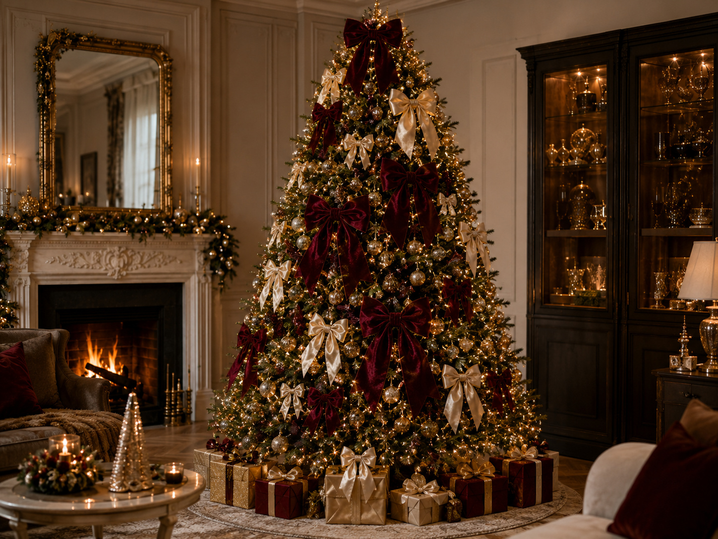 Sapin de Noël décoré de grands nœuds XXL bordeaux et ivoire, boules dorées et lumière chaude.