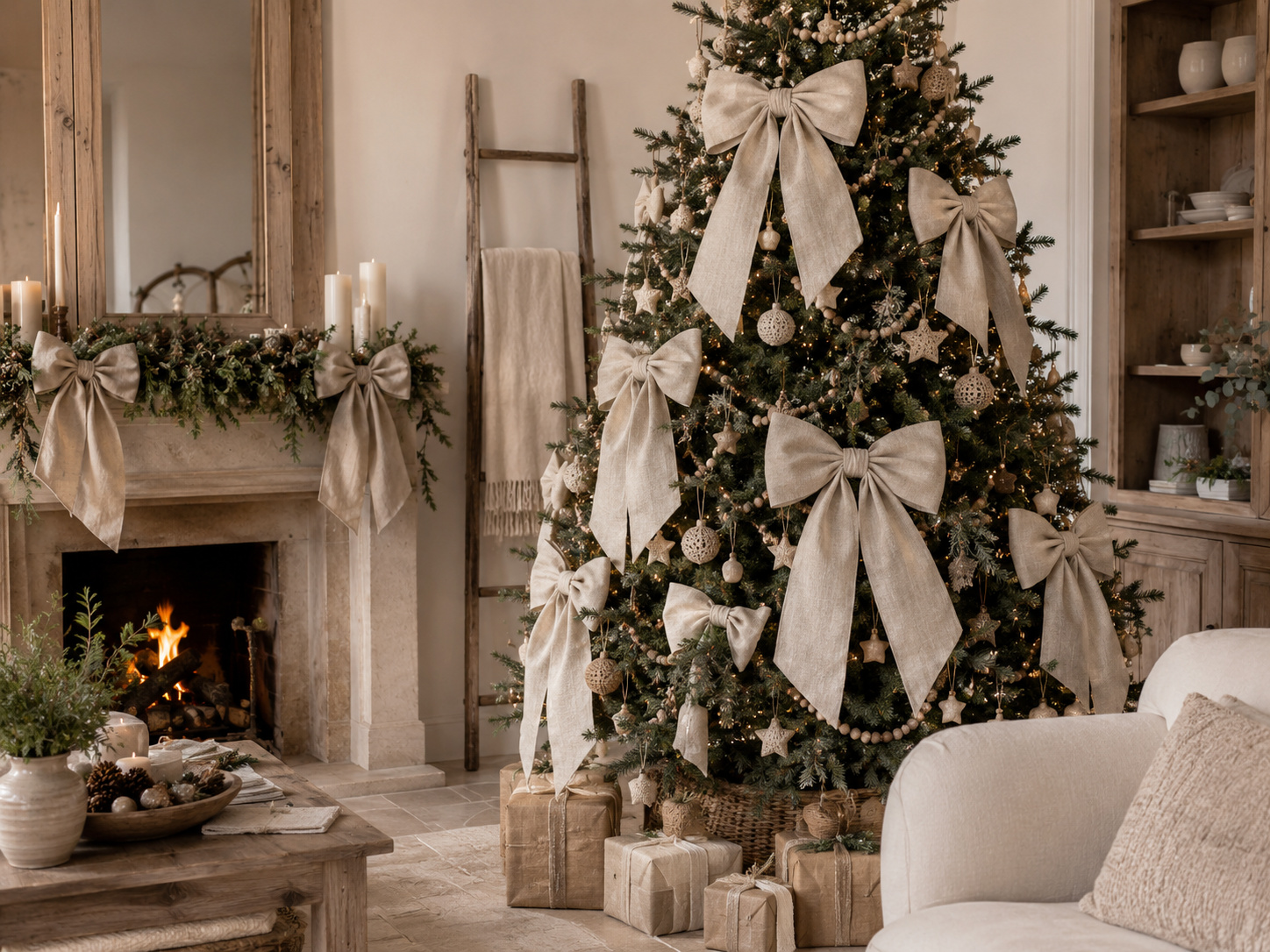 Sapin de Noël naturel décoré de grands nœuds XXL en lin beige et d’ornements en matières naturelles.