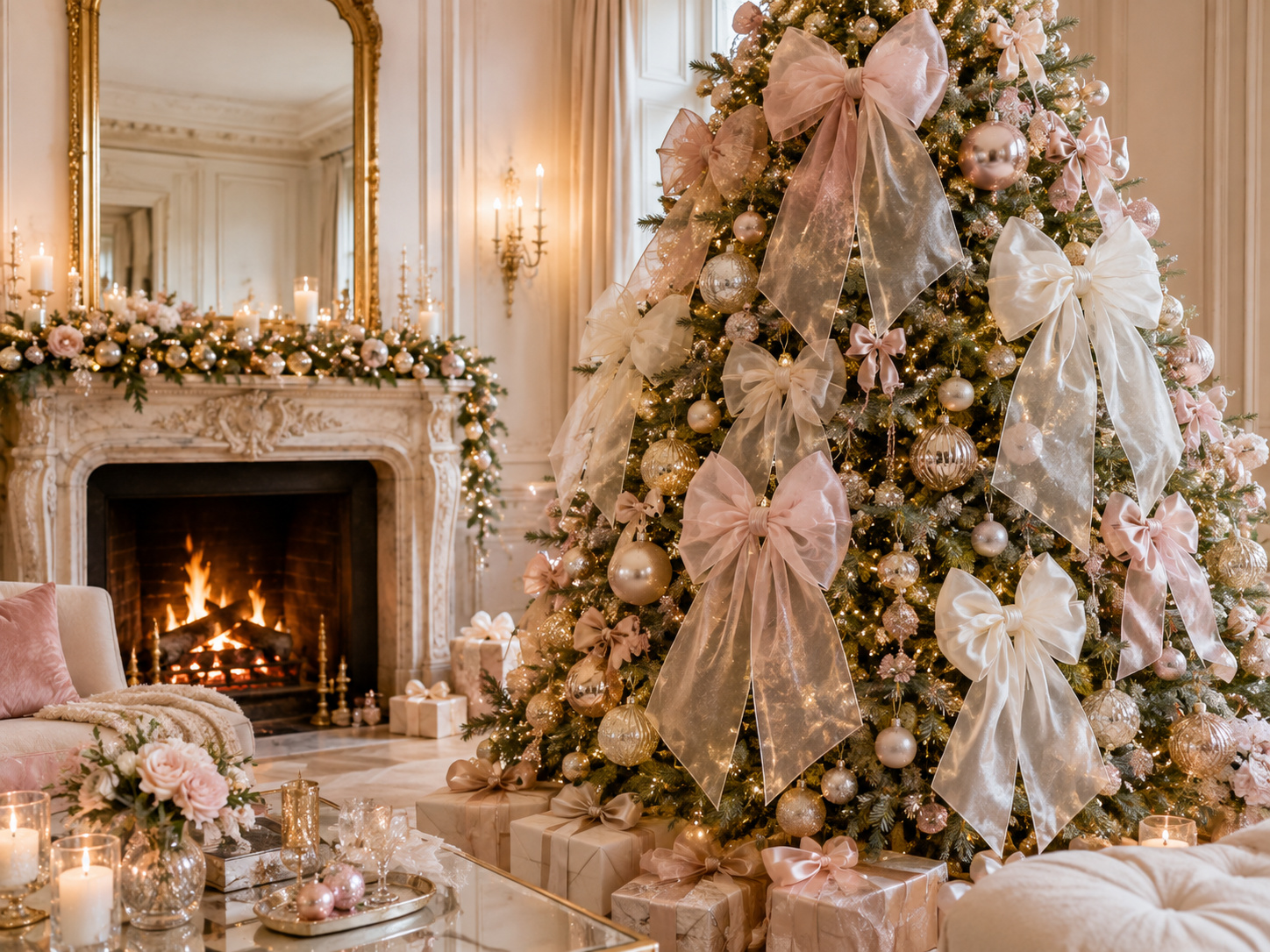 Sapin de Noël poudré décoré de grands nœuds XXL en organza rose pâle et ivoire.