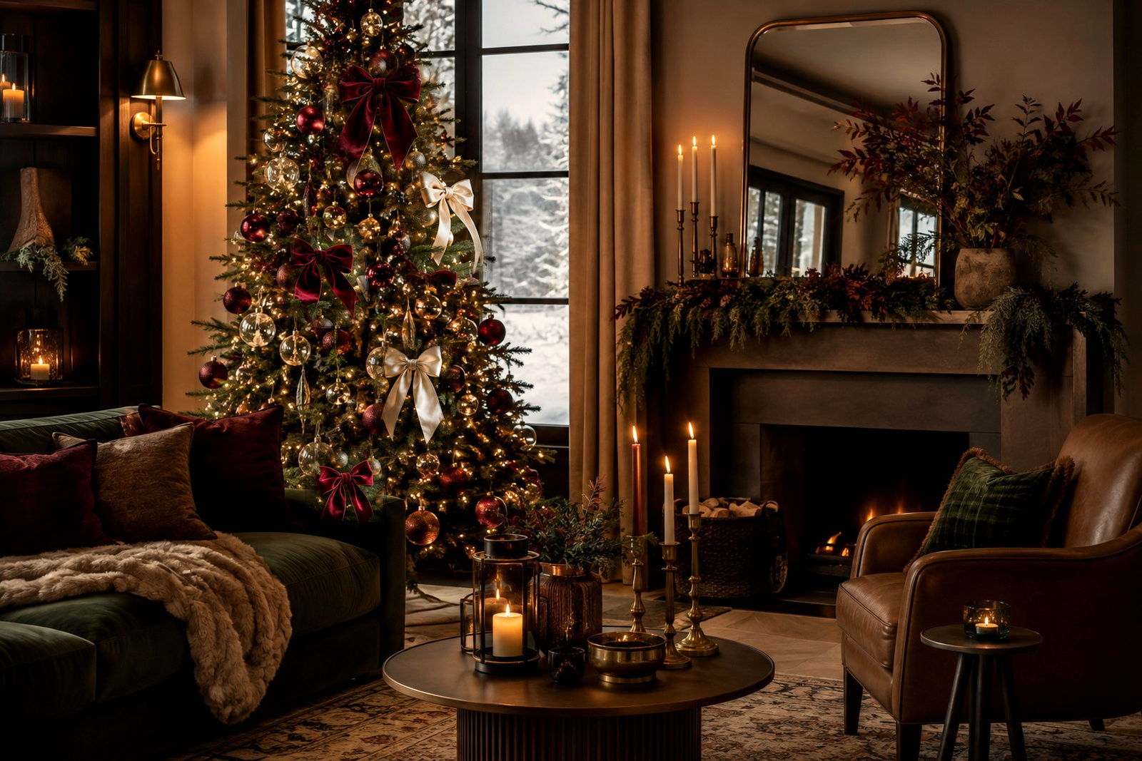 Sapin de Noël avec nœuds XXL bordeaux et crème répartis à différentes hauteurs pour rythmer la décoration.