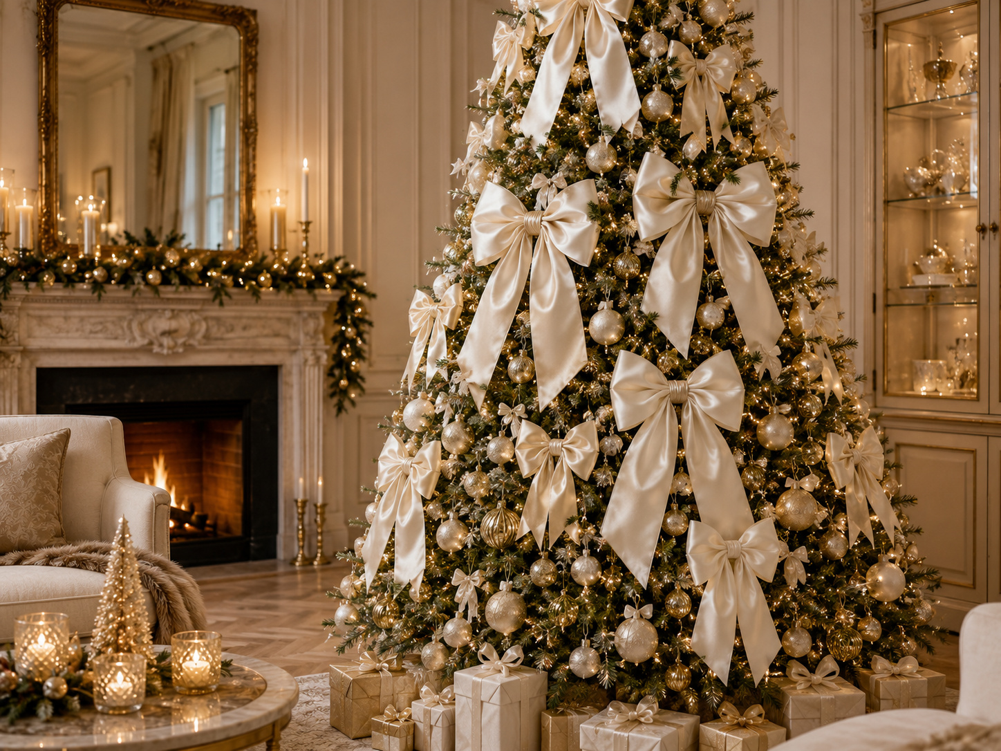 Sapin élégant décoré de grands nœuds XXL en satin ivoire et de boules dorées.