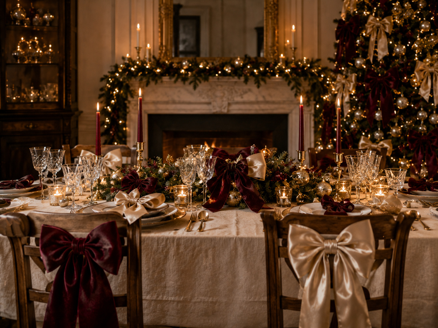 Table de Noël élégante avec grands nœuds bordeaux et ivoire sur les chaises et le centre de table.