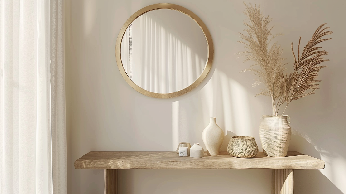 Petit miroir mural rond doré au-dessus d'une console dans une entrée élégante aux tons naturels