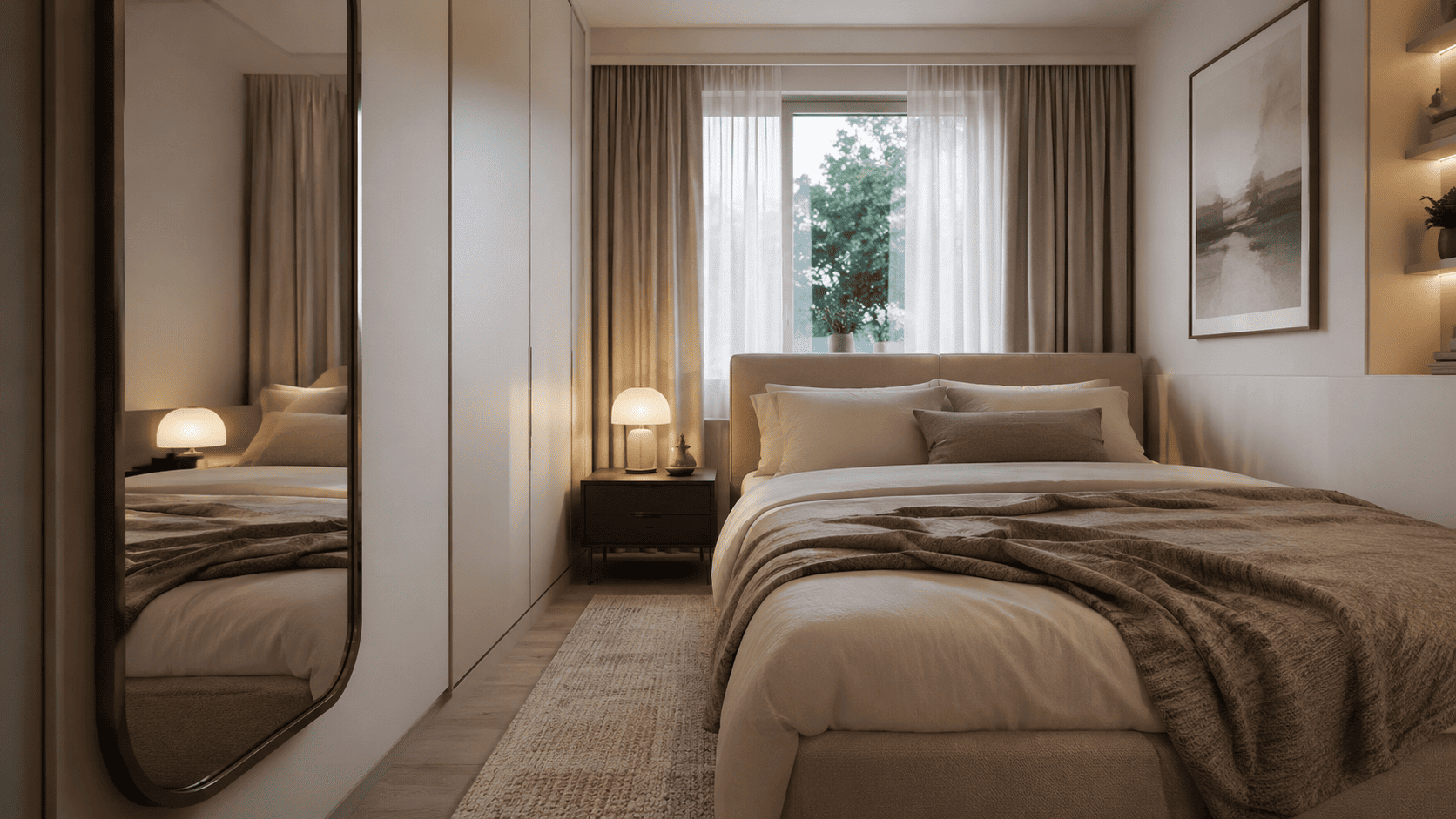 Petite chambre adulte optimisée avec miroir grand format, table de chevet fine, lampe douce et rangement discret.