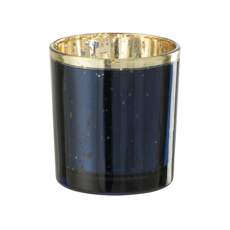 Photophore moderne Korin en verre bleu foncé et doré, diamètre 7 cm
