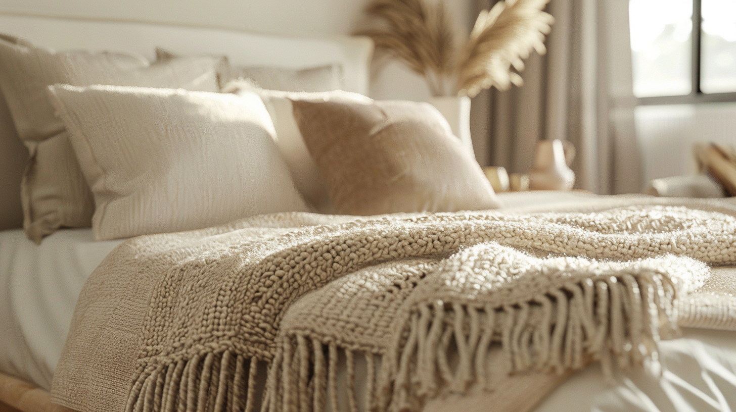 Plaid texturé posé en bout de lit dans une chambre aux tons neutres et chaleureux