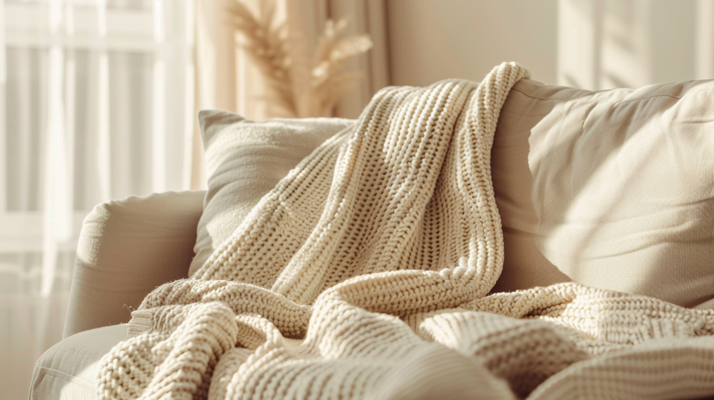 Plaid en maille posé sur un canapé dans un salon chaleureux aux tons naturels