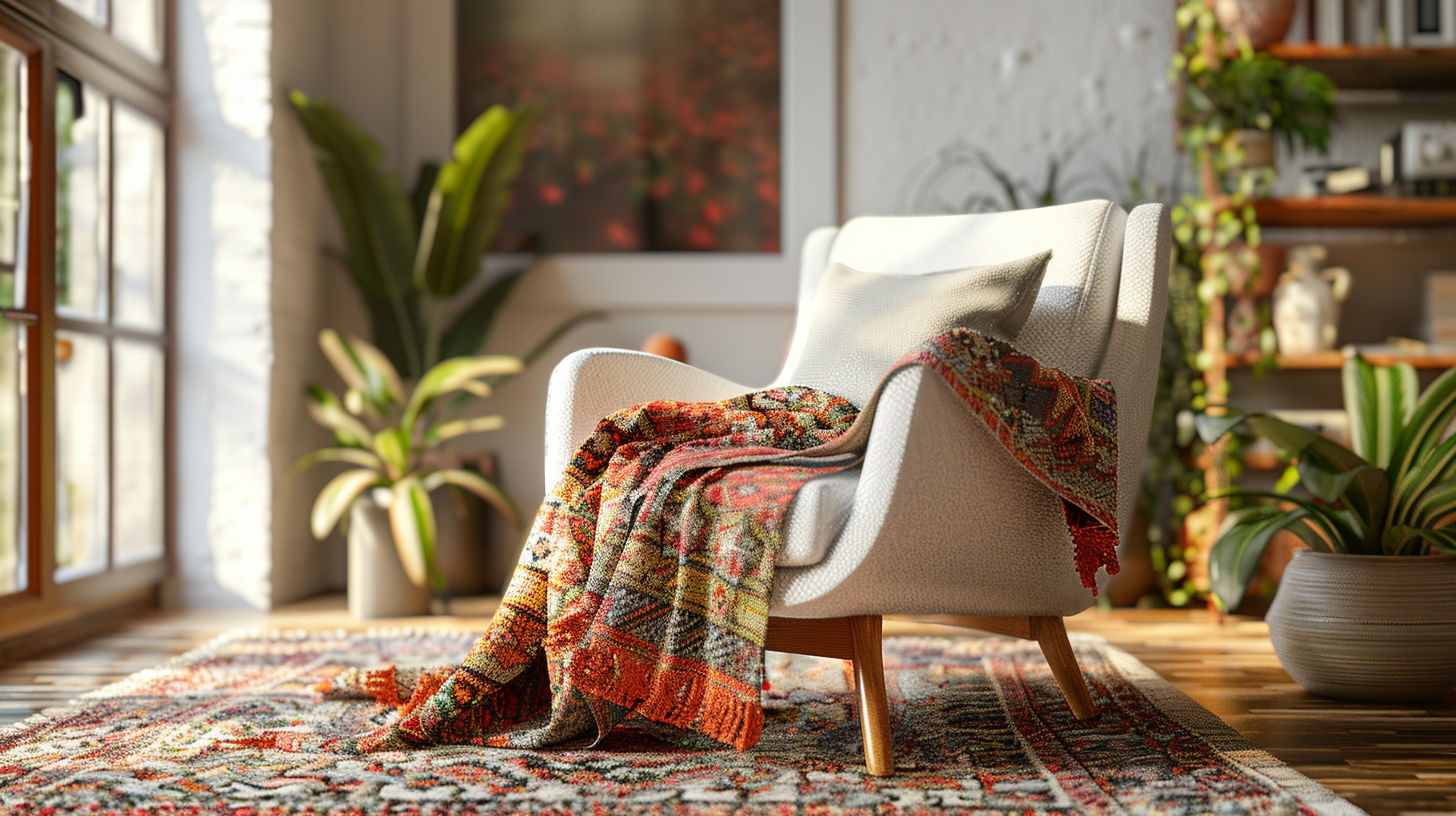 Plaid original à motifs colorés posé sur un fauteuil dans un intérieur éclectique et lumineux