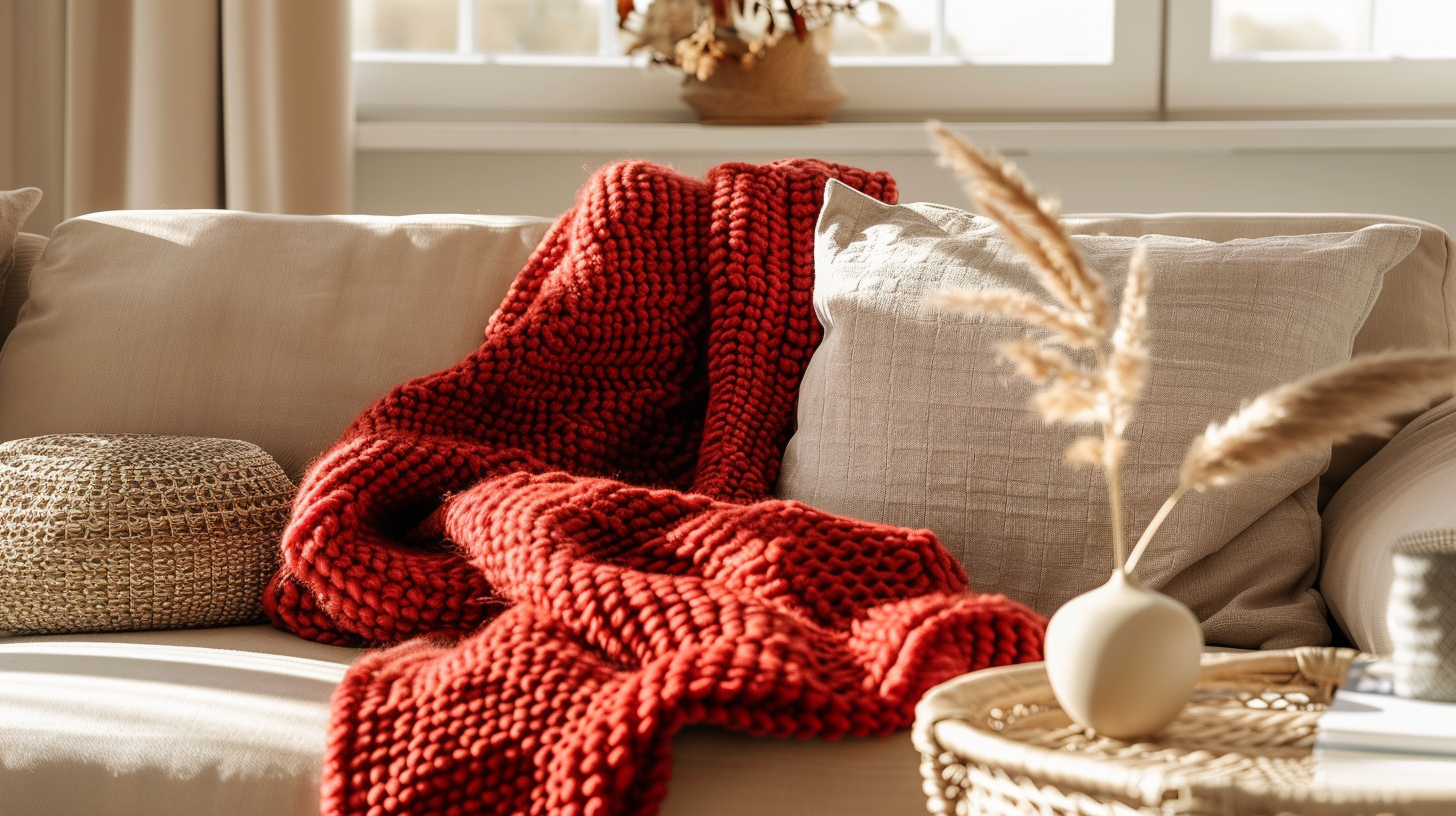 Plaid rouge en grosse maille posé sur un canapé beige dans un salon lumineux aux accents bois