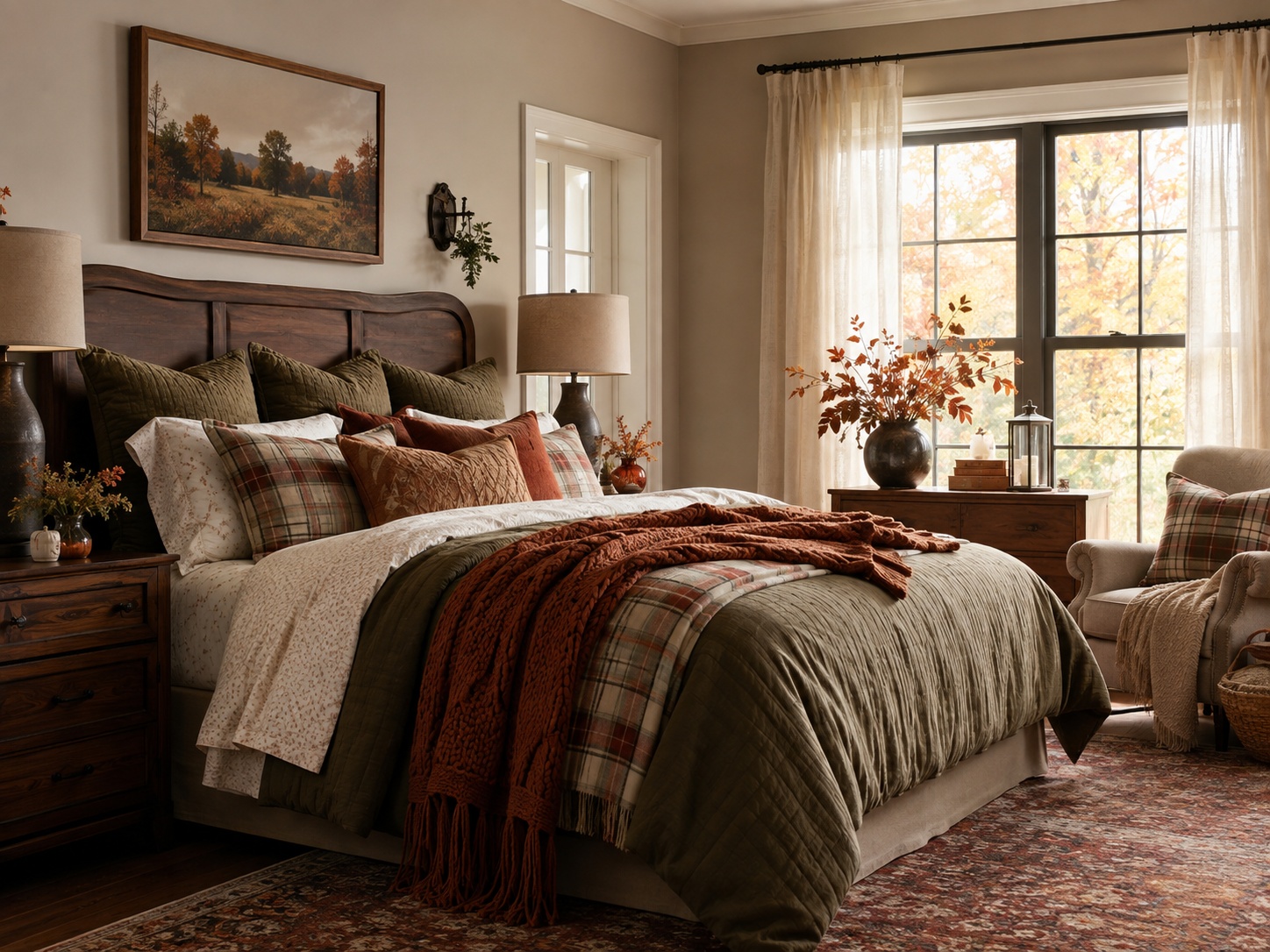 Chambre d’automne avec linge de lit chaleureux, coussins et lumière douce.