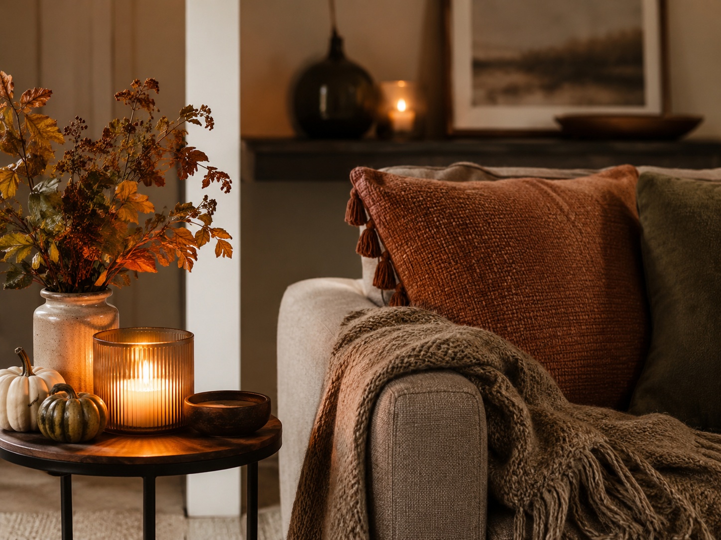 Coin salon cosy avec vase en céramique, bougies et coussins aux couleurs de saison.
