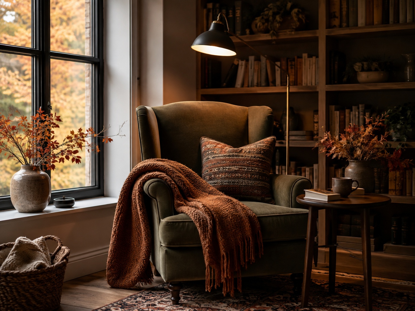 Coin lecture automnal avec fauteuil, plaid, lampe d’appoint et cheminée.