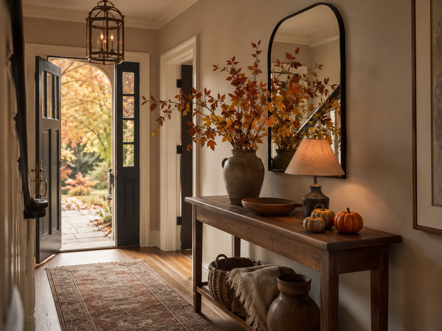 Entrée d’automne avec console en bois, branches, tapis chaleureux et lumière d’appoint.