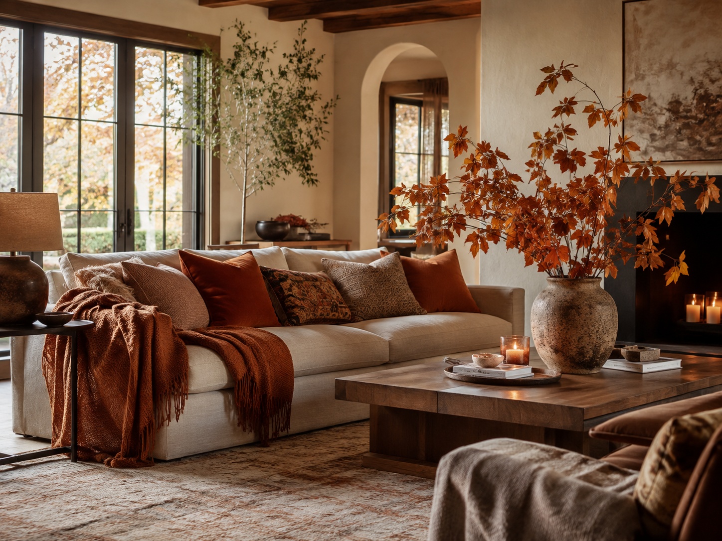 Salon d’automne avec plaid, lampe d’appoint, bougies et matières chaleureuses
