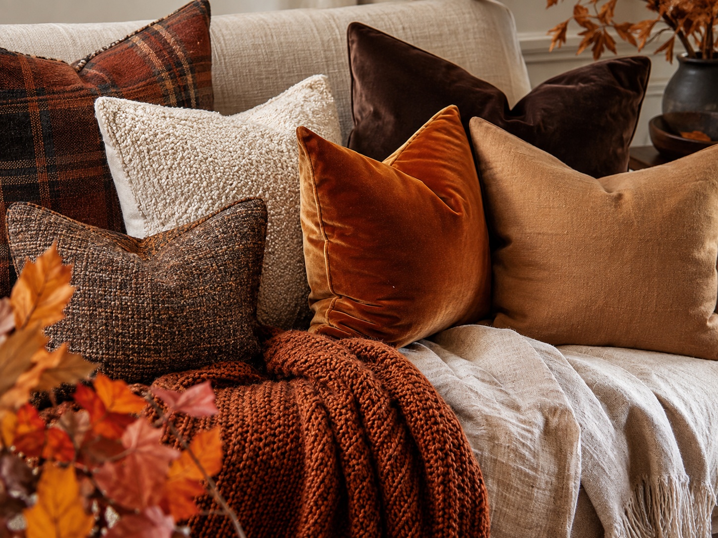 Jeu de textiles d’automne avec coussins velours et plaid chaud dans des tons terracotta et brun.
