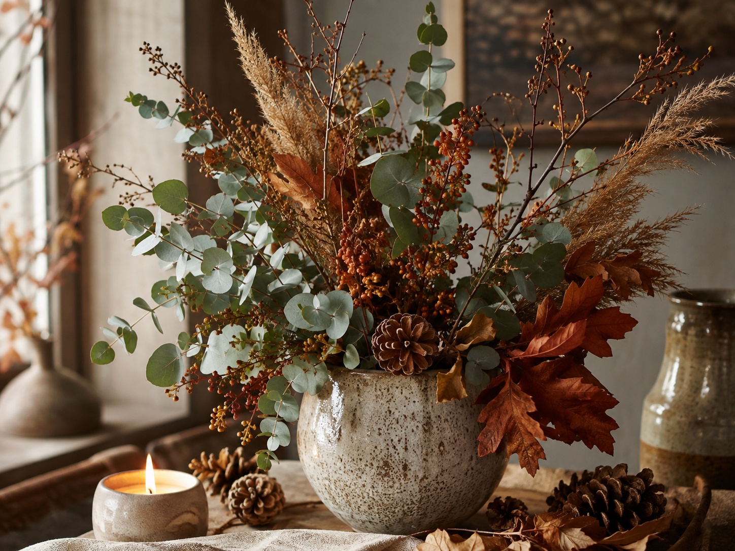 Composition végétale d’automne avec eucalyptus, pampas, pommes de pin et bougie.