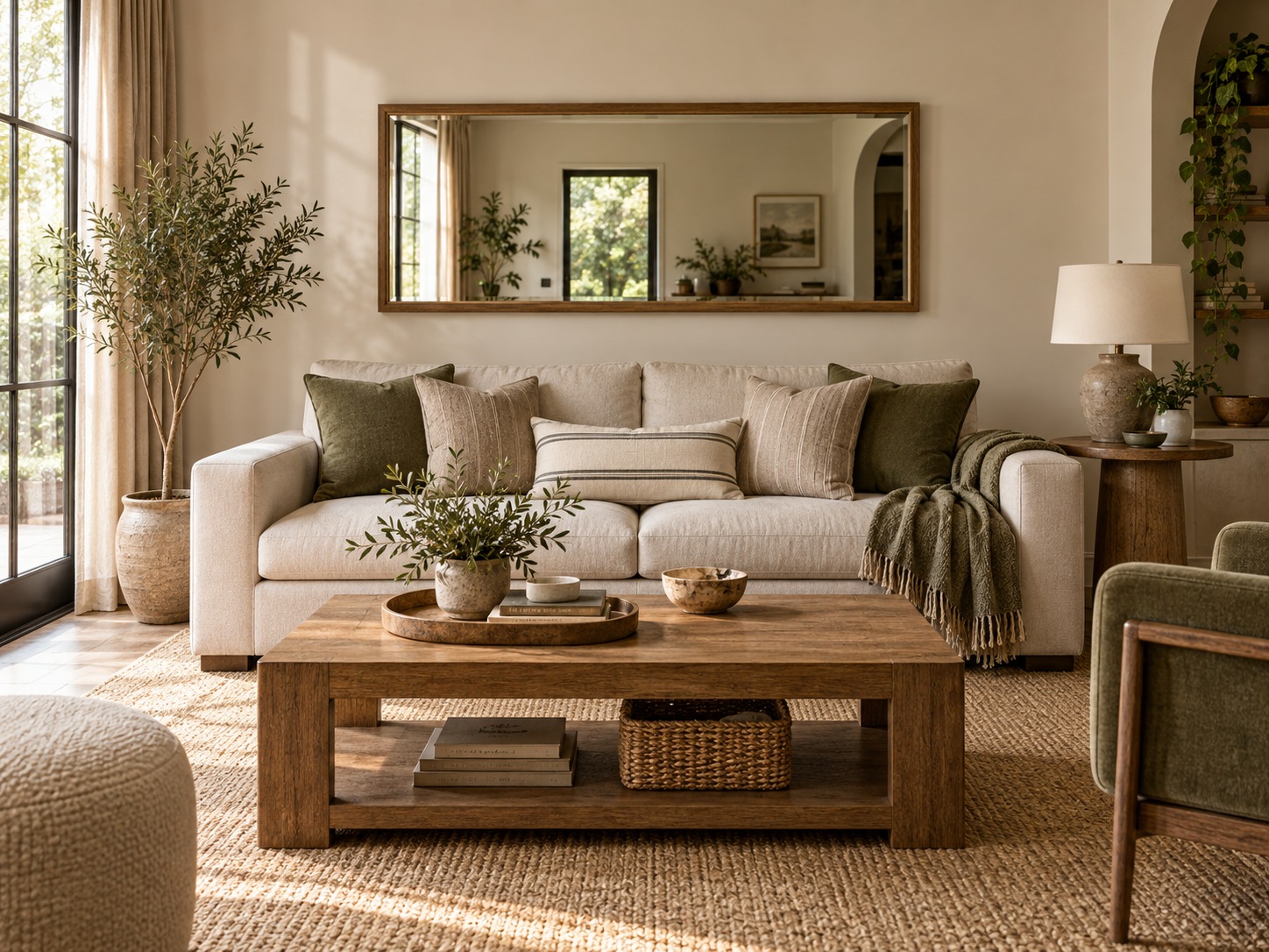 Salon avec canapé beige et grand miroir horizontal bien proportionné au dessus du dossier.
