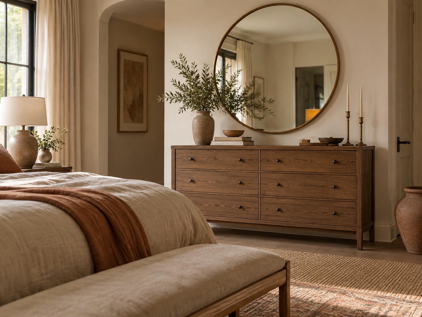 Chambre chaleureuse avec commode et miroir rond placé juste au dessus du meuble.