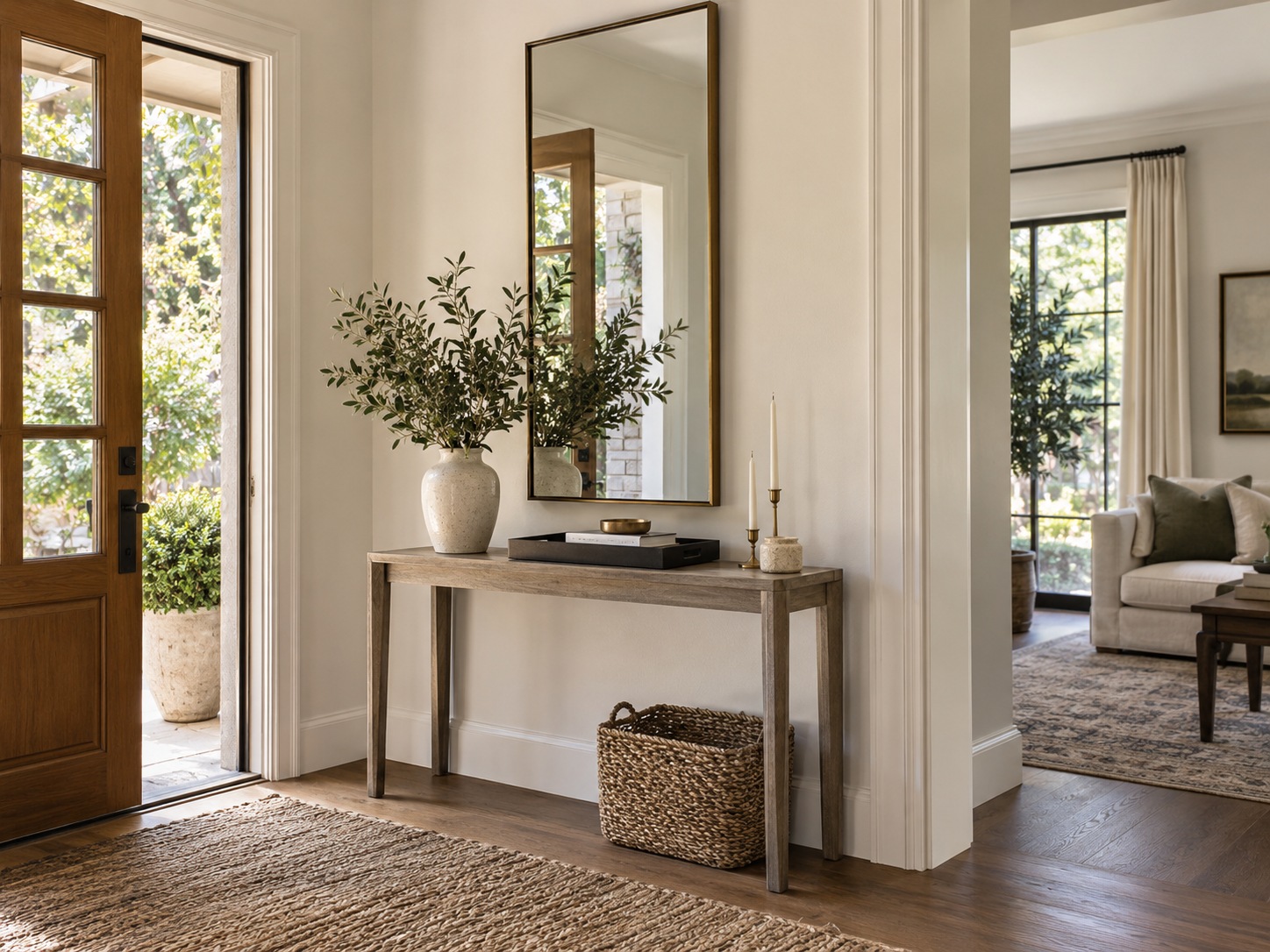 Console d’entrée avec miroir vertical bien dimensionné et accessoires naturels.