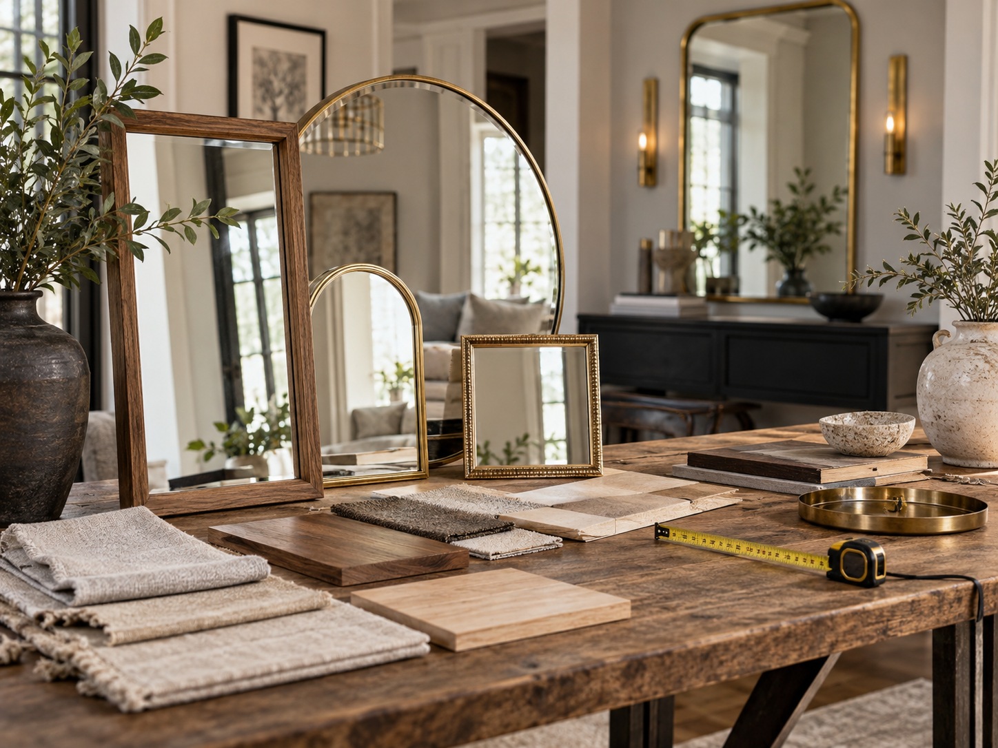 Table de travail avec plusieurs miroirs de tailles différentes, échantillons de matières et mètre ruban dans un intérieur chaleureux.