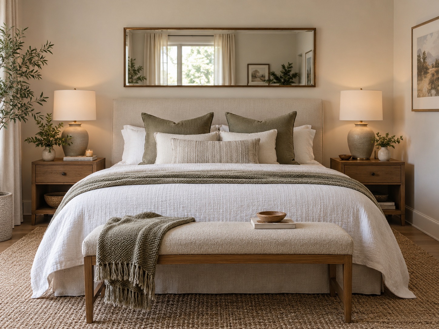 Chambre avec grand lit et miroir horizontal bien proportionné au dessus de la tête de lit.