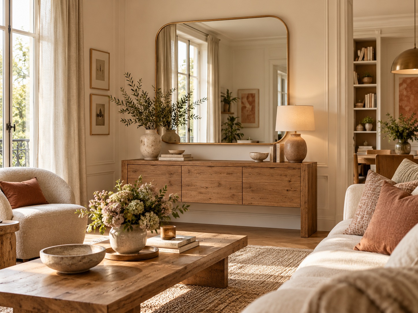 Grand miroir au dessus d’une console dans un salon élégant pour illustrer la règle des deux tiers.