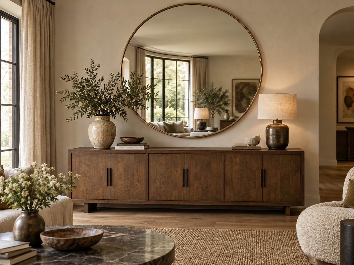 Grand miroir rond dans un salon chaleureux, utile pour illustrer le choix du diamètre.