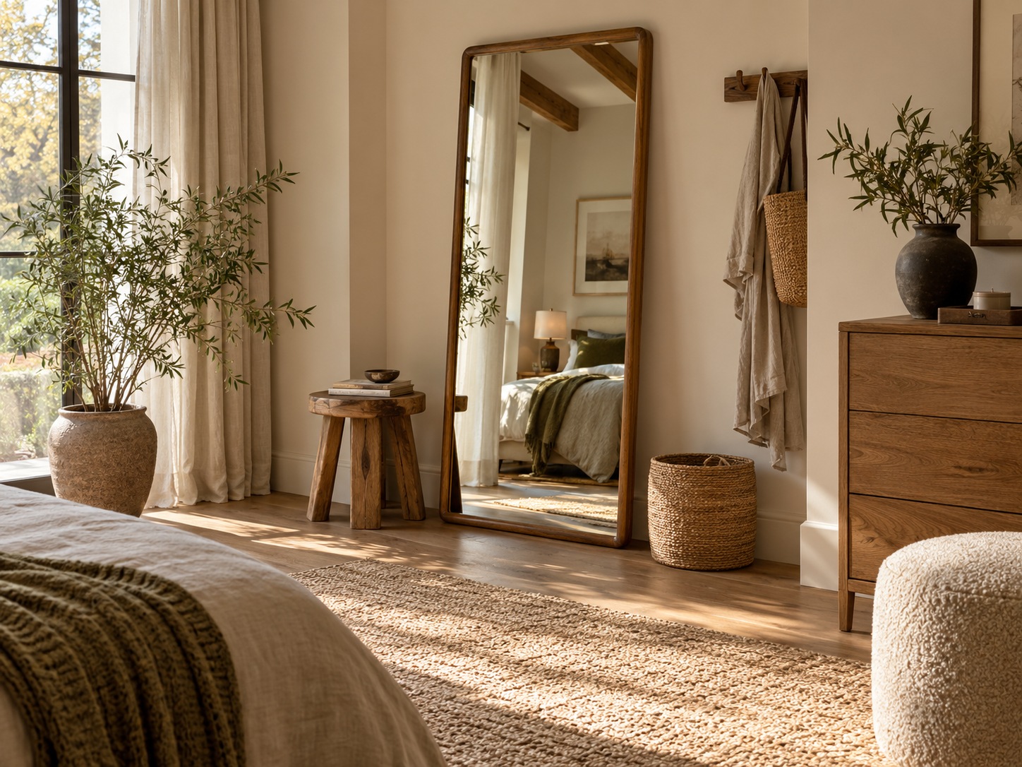 Grand miroir à poser au sol dans une chambre lumineuse, adossé au mur près d’une fenêtre.