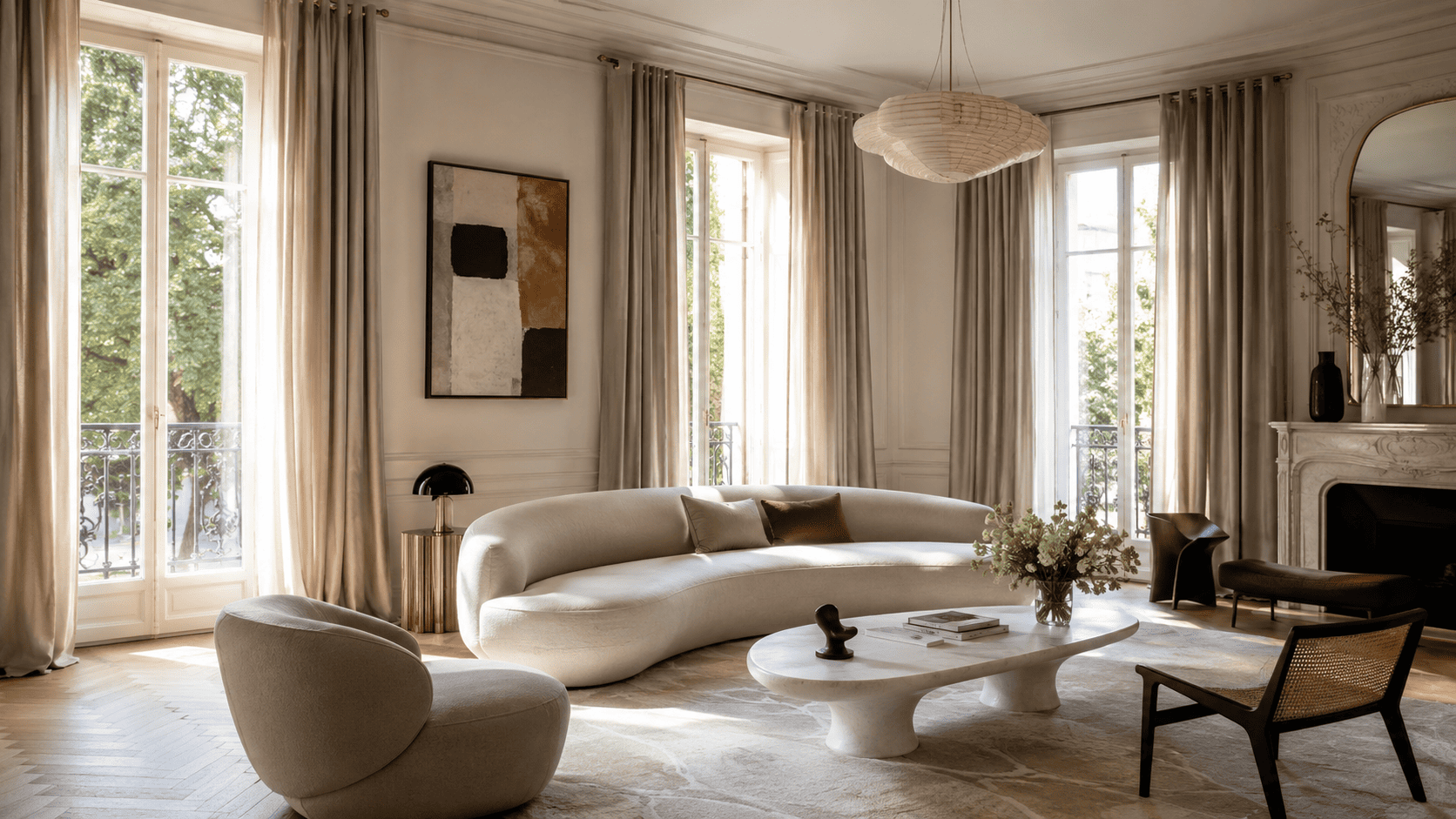 Salon contemporain avec rideaux généreux posés haut, canapé arrondi et lumière naturelle.
