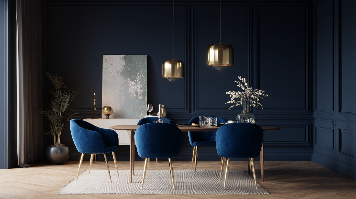 Salle à manger bleu nuit sophistiquée avec accents laiton en 2026