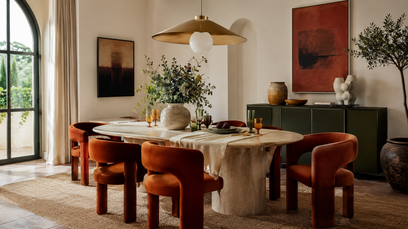 Salle à manger contemporaine avec table ovale, suspension design et objets déco colorés pour rafraîchir l'ambiance avant les vacances.