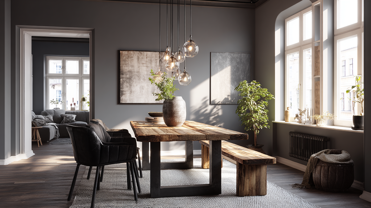 Salle à manger industrielle chic avec métal et bois brut en 2026