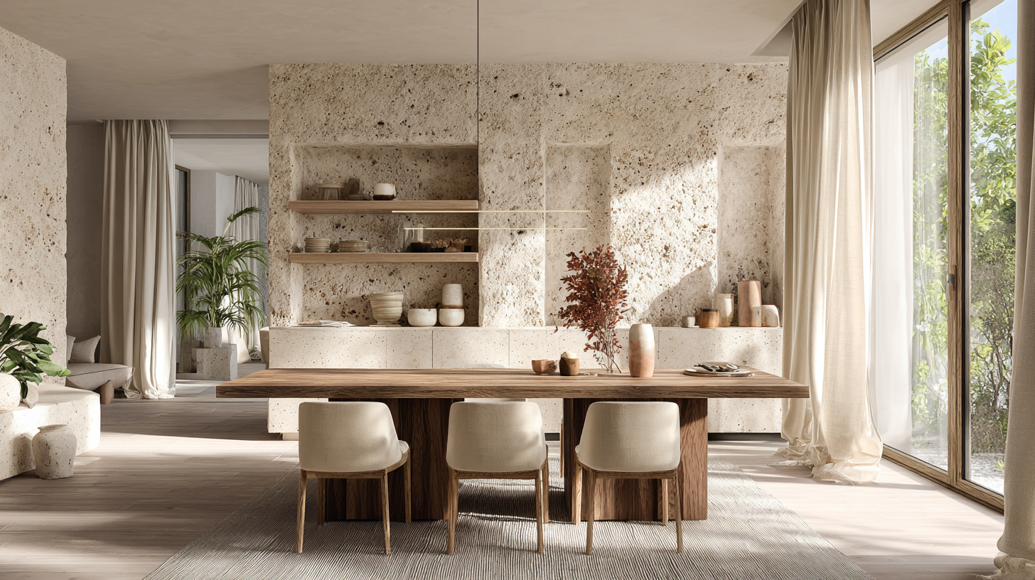 Matériaux authentiques pour salle à manger 2026 avec bois, travertin et céramique