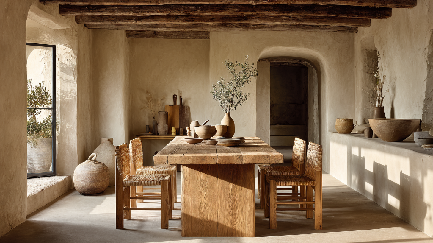 Salle à manger ocre naturelle et bohème en 2026