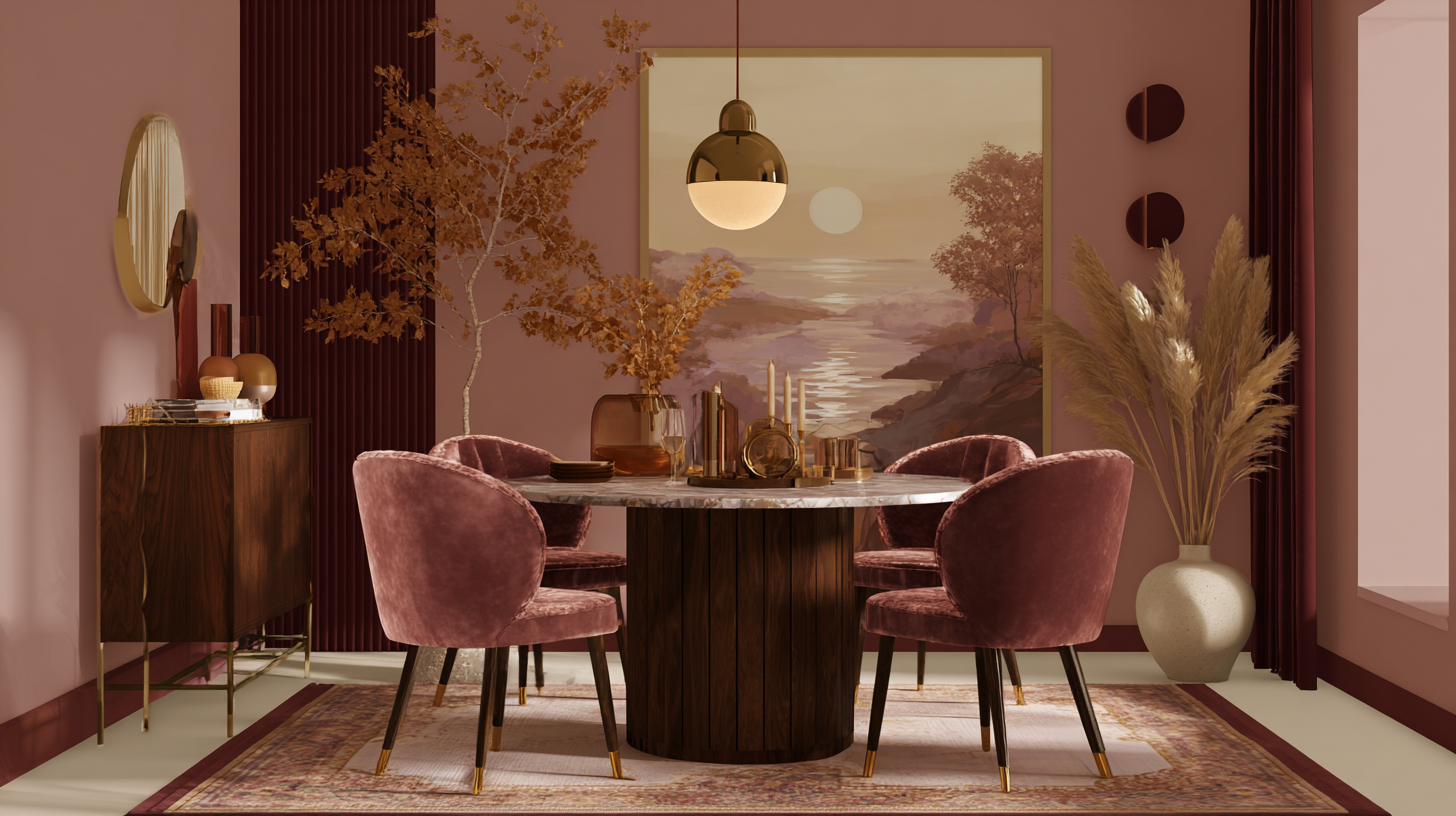 Salle à manger rétro glam années 70 avec velours et doré en 2026