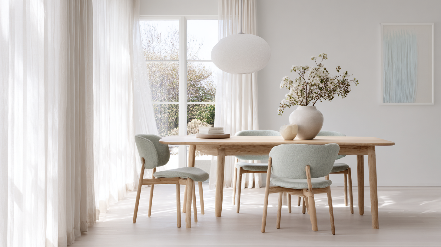 Salle à manger scandinave minimaliste avec bois clair et lin en 2026