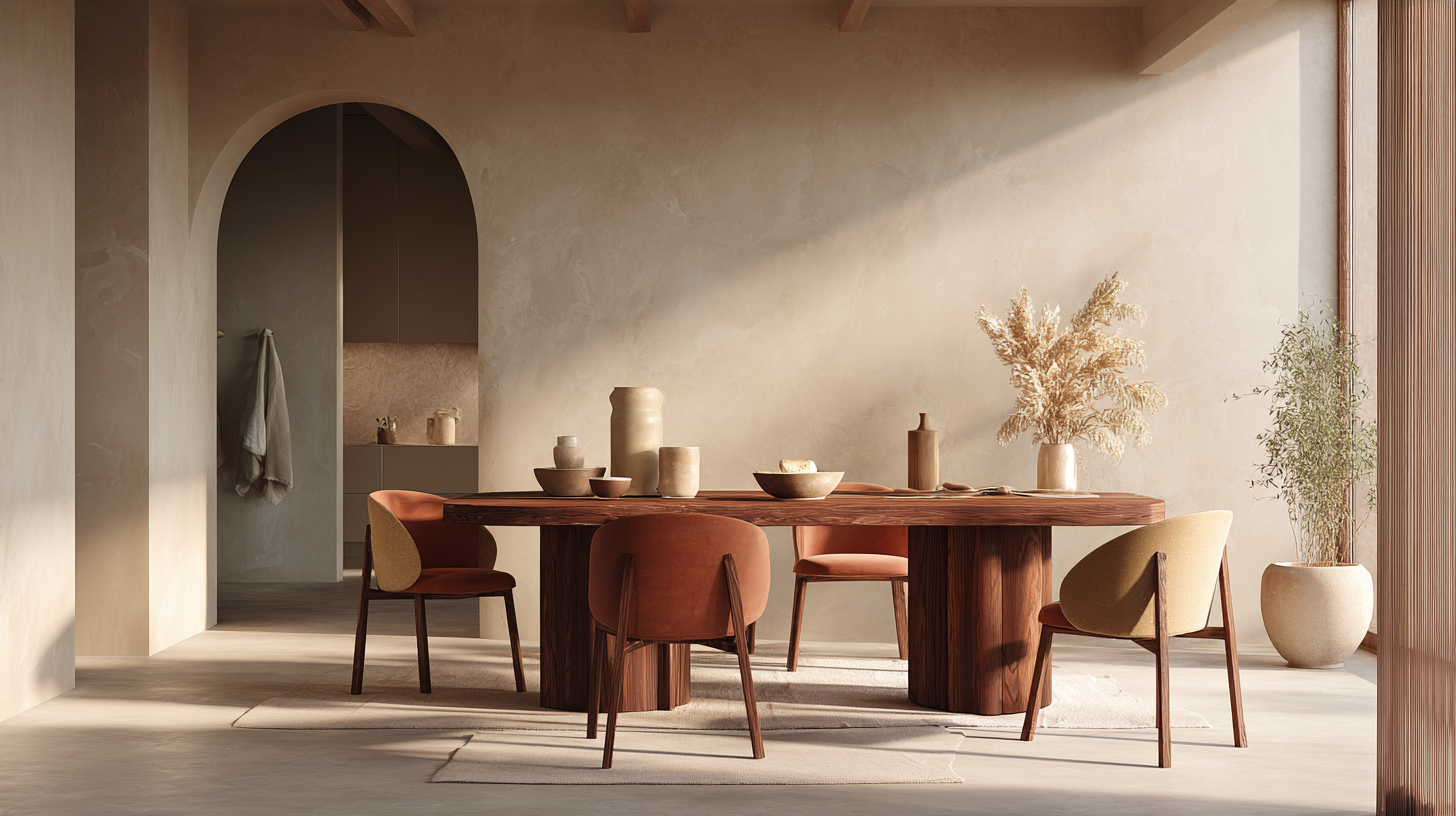 Teintes terreuses et bois massif dans une salle à manger tendance 2026