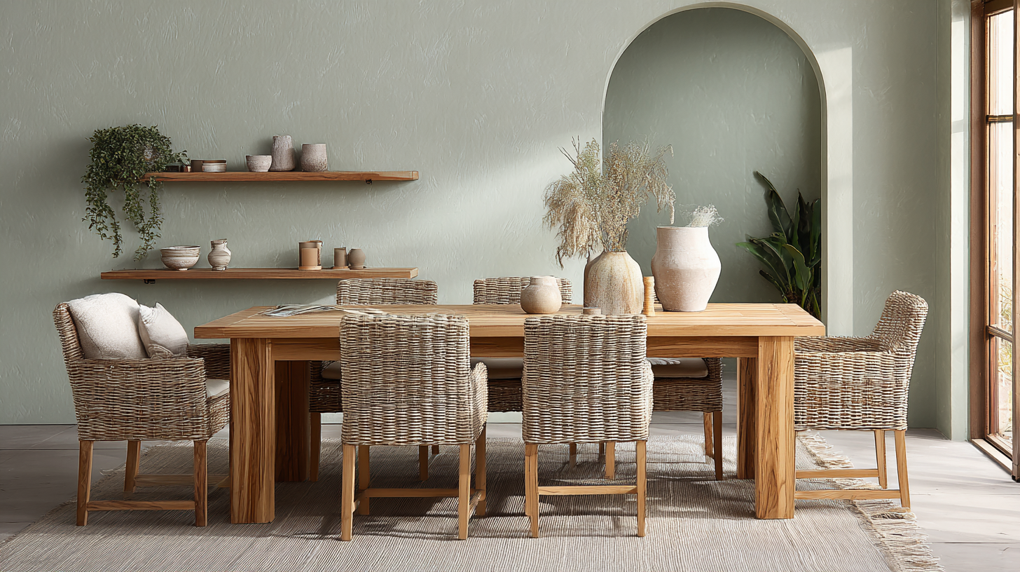 Salle à manger vert sauge avec bois clair et matières naturelles en 2026