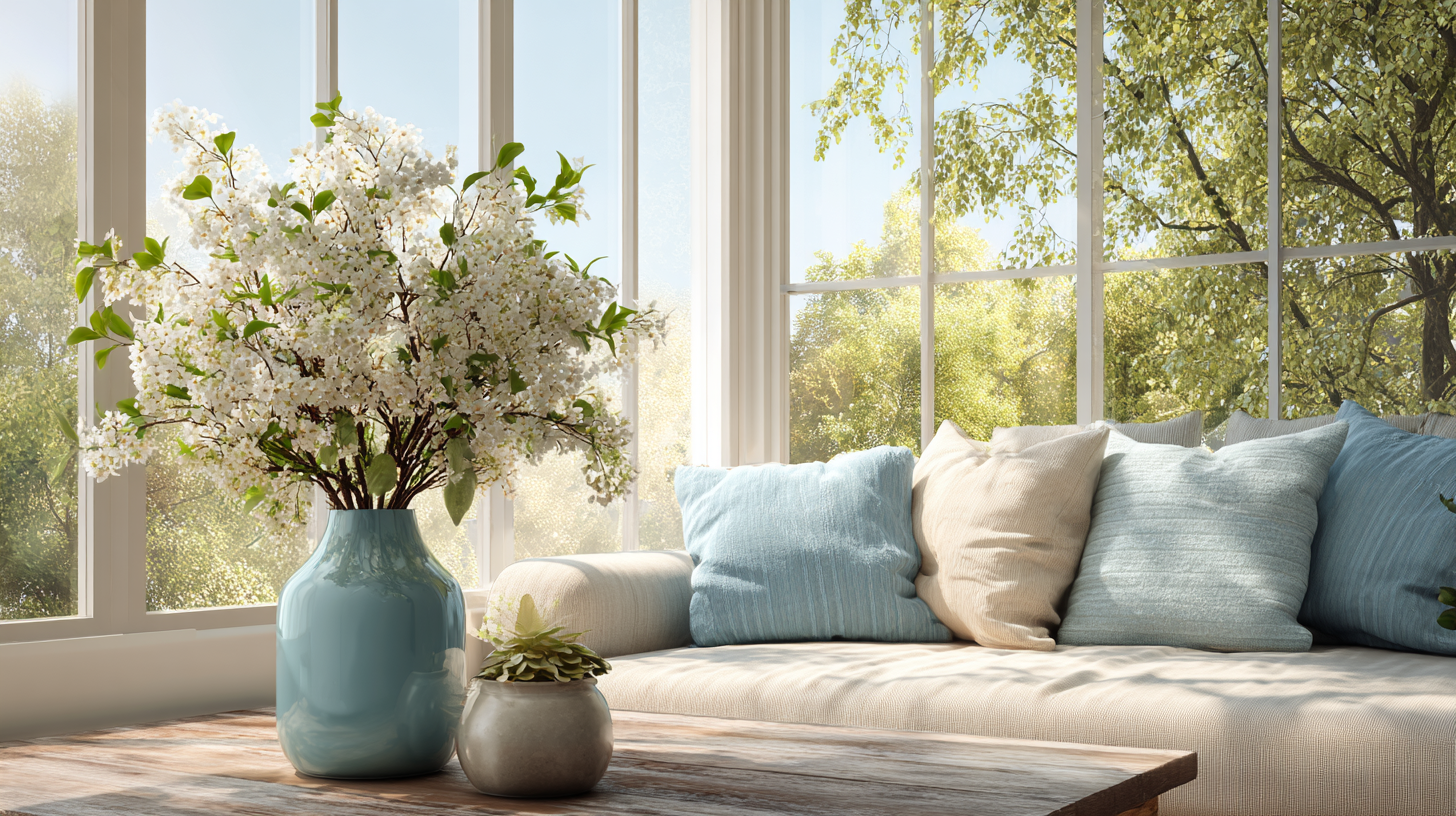 Salon lumineux au printemps avec vase de fleurs fraîches, coussins clairs et lumière naturelle traversant de grandes fenêtres